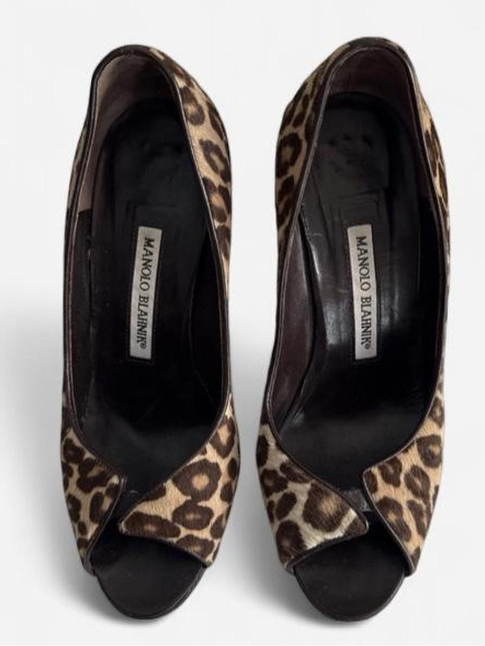 Manolo Blahnik Brown and Black Leopard Print Peep-Toe Pumps